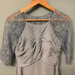 Azazie Dusty Blue Lace & Chiffon Tea Length Dress | Size 8